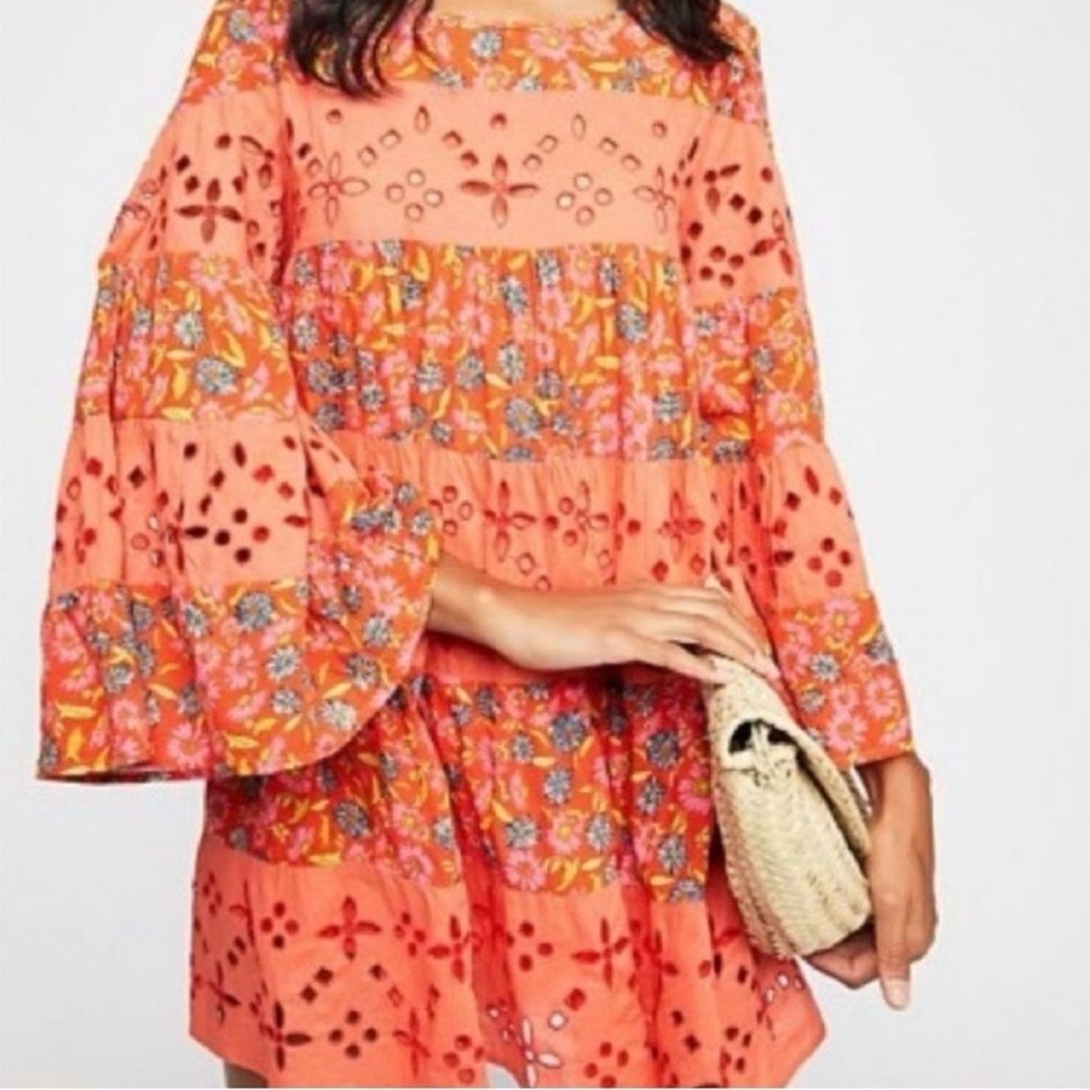 Free People Coral Floral Eyelet Tiered Mini Dress